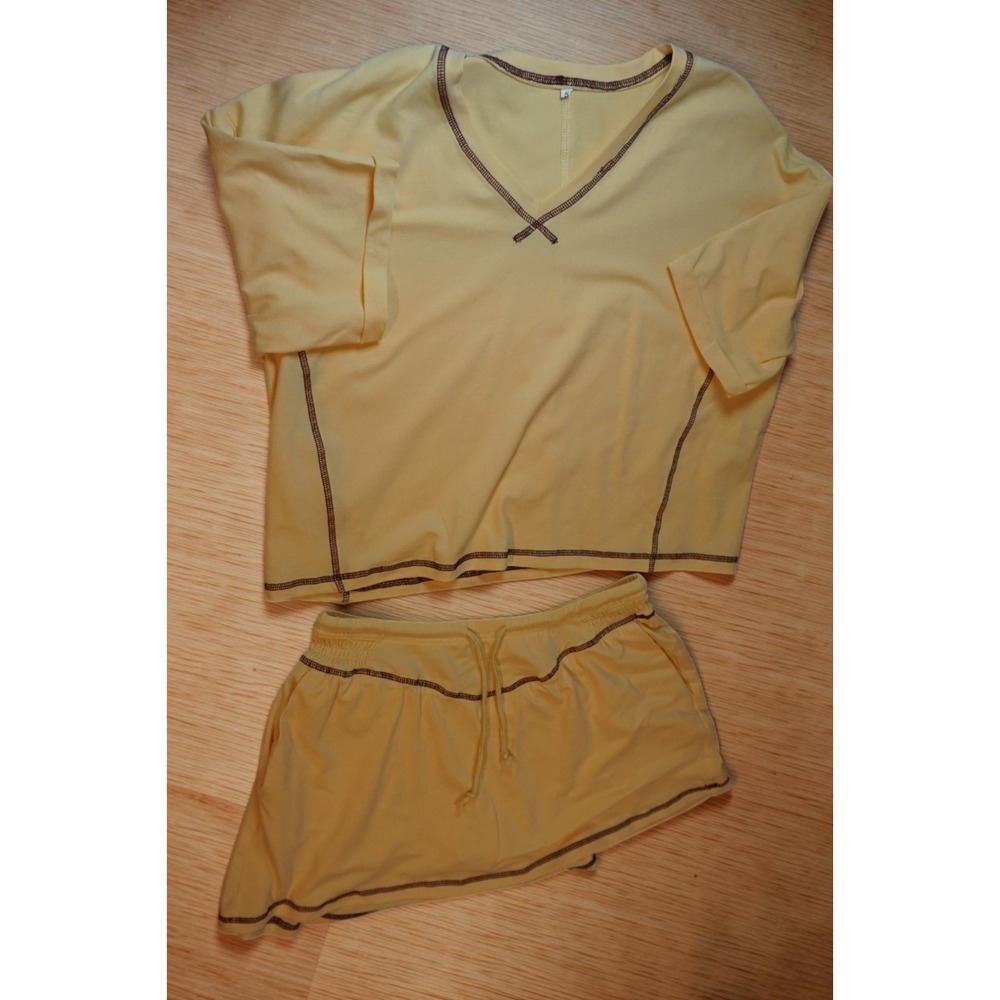 Womens Yellow 2 Piece Skort Set V-Neck Top Activewear Athleisure Small - Picture 2 of 15
